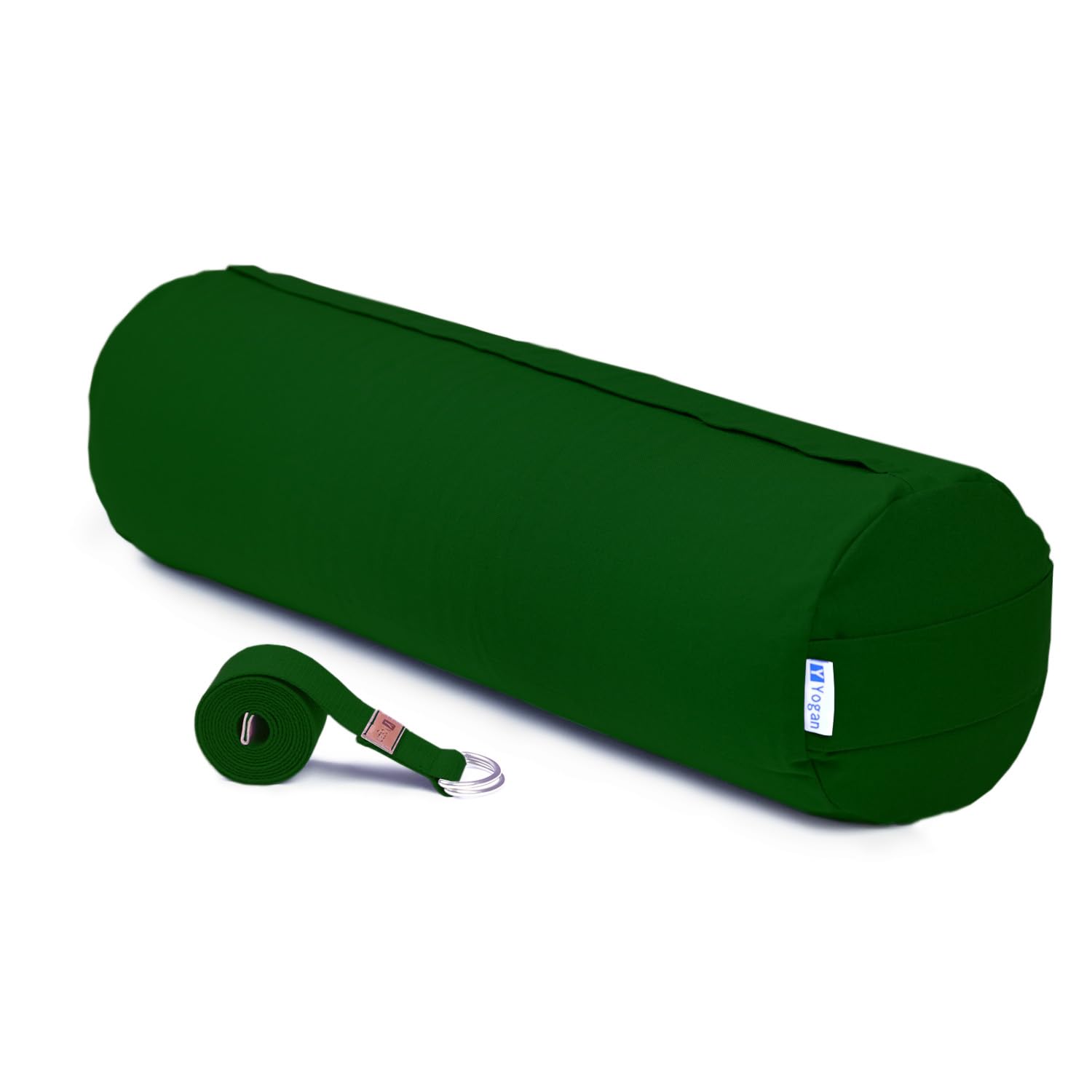 Yogan Yoga Bolster with a Yoga Belt/Strap | Natural Buckwheat Hulls Filling | Outer Cover (Could be Removed and Washed) - Made of 100% Organic Cotton (Natural Green)