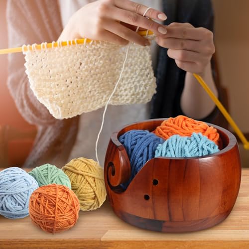 Image of Wooden Yarn Bowl for Crocheting,Knitting Yarn Bowls with Lid Yarn Storage Handmade Craft with Storagebag for DIY Knitting Crocheting