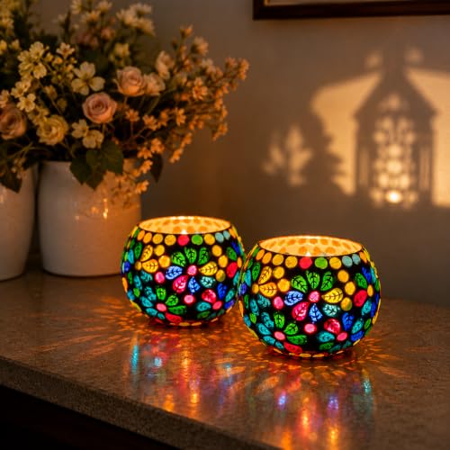 Image of Floryn Decor Morrocan Mosaic Candle Holders | Home Light Decorations Items | Mosaic Glass Tealight Holder | Best lamp for Diwali Decoration | Pack of 2 (with 2 Tealight Candle Free)