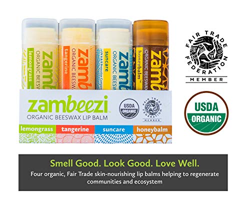 Zambeezi Fair Trade, Organic Beeswax Lip Balm - Variety 4 Pack (Lemongrass, Tangerine, Suncare And Honeybalm) - Ethically Sourced #TOP1