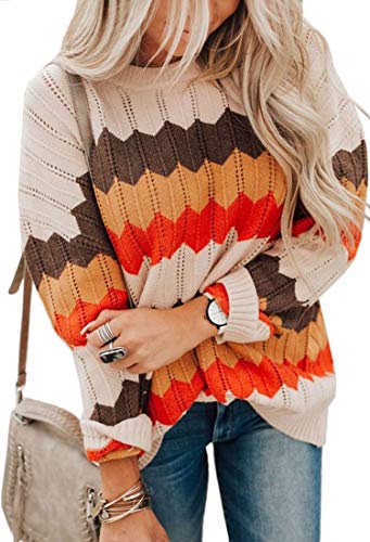 Angashion Women's Sweaters Casual Long Sleeve Crewneck Color Block Patchwork Pullover Knit Sweater Tops 2079 Red M