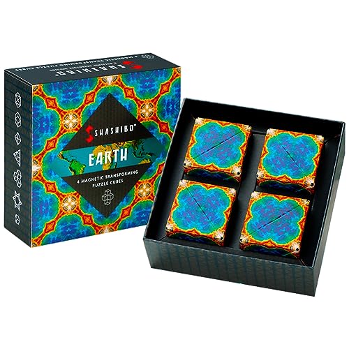 Image of Shashibo Shape Shifting Box - Award-Winning, Patented Fidget Cube w / 36 Rare Earth Magnets - Transforms Into Over 70 Shapes, Gift Box, Download Fun in Motion Toys Mobile App (Earth, 4 Pack)