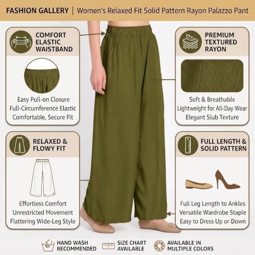 Image of FASHION GALLERY Women's Solid Rayon Palazzo Pants | Relaxed Fit Full Length Wide Leg Palazzo | Elastic Waist Comfortable Casual Lounge Office Ethnic Flared Trousers for Women