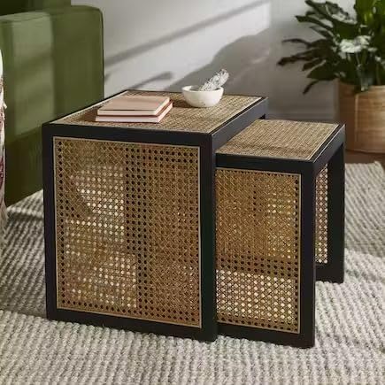 Image of Wooden Coffee Table| End Table| Sofa SideTable| SideTable for Living Room| Rattan Cane Table (45x45) Black Set of 2