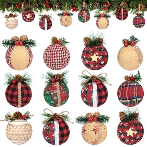 Besteek 12 Pcs Rustic Christmas Ornaments, 3.15" Farmhouse Burlap Christmas Tree Ornaments Set Buffalo Plaid Shatterproof Foam Balls Neutral Vintage Decorations for Xmas Tree Holiday Party