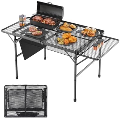 WildFinder Folding Table with 2 Wing Panels, 3x2 FT Camping Table with Mesh Desktop,Height Adjustable Folding Grill Table with Mesh Bag,Portable Outdoor Table for Picnic,Camping,BBQ,Beach(Black)