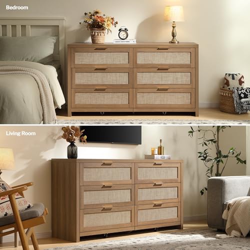 SICOTAS-Rattan-Dressers-for-Bedroom-Set-2-Large-6-Drawer-Dresser-Long-Chest-of-Drawers-Wood-Dresser-Farmhouse-TV-Stand-for-Bedroom-Living-Room-Nursery-Closet-Reclaimed-Caramel-Oak-2-Pieces SICOTAS Rattan Dressers for Bedroom Set 2 Large 6 Drawer Dresser Long Chest of Drawers Wood Dresser Farmhouse TV Stand for Bedroom Living Room Nursery Closet Reclaimed Caramel Oak 2 Pieces
