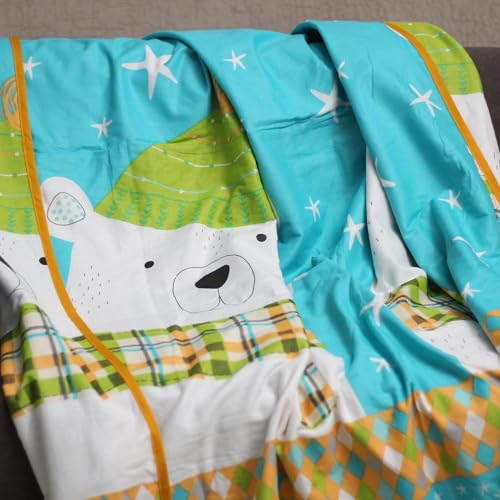 Image of LORETO - A QUALITY LINEN BRAND 100% Cambric Cotton Single Dohar 58 x 88 Inches, 3-Layer Lightweight AC Blanket with Soft Cotton Flannel Filling, Breathable Summer Quilt, Reversible, Teal Cozy Bear