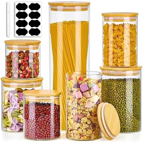 Meolibour 7 Pack Thicker Glass Food Storage Jars with Airtight Bamboo Lids, Clear Glass Storage Containers, Glass Canisters Set for Pasta, Nuts, Coffee Beans, Kitchen Pantry Organization Jar, BPA Free Cover