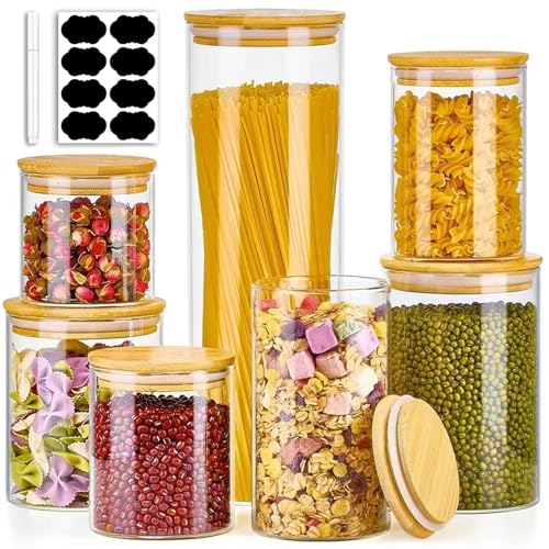 7 Pack Thicker Glass Food Storage Jars with Airtight Bamboo Lids, Clear Glass Storage Containers, Glass Canisters Set for Pasta, Nuts, Coffee Beans, Kitchen Pantry Organization Jar, BPA Free