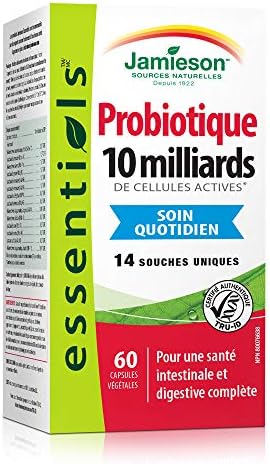 Jamieson Probiotic 10 Billion CFU, 60 Veggie Capsules, Daily Maintenance, Intestinal & Digestive Health. 14 Unique Strains to Improve Microbial Diversity, Bifidobacterium and Lactobacillus, Non-GMO