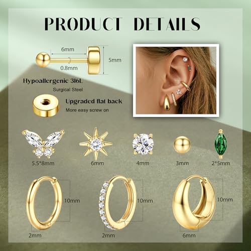 FUNRUN JEWELRY Hypoallergenic Gold Studs Earrings for Women Flat Back Stud Cartilage Earring Set Surgical Steel for Sensitive Ear 14K Gold Small Huggie Hoop Flatback Earrings for Helix Piercing Jewelry3