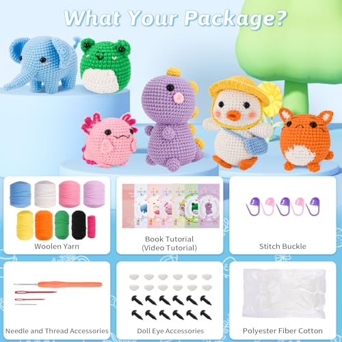 Image of Gerute 6Pcs Crochet Kit for Beginners,Crochet Animal Kit with Step-by-Step Video Tutorial, Crocheting Kit for Starters, Beginner Crochet Kits for Adult Kid Women Men Complete Kit Included (40%+ Yarn