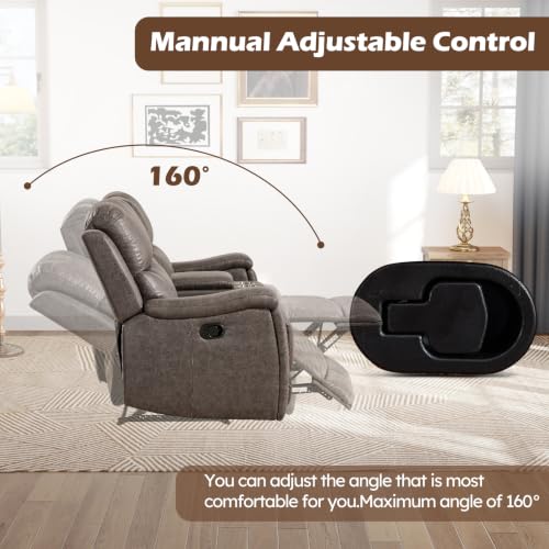Image of CANMOV Manual Reclining Loveseat Sofa with Console,Faux Leather Double Recliner Loveseat Sofa with Hidden Storage and Cup Holders,Manual Recliner Loveseat Couch Set for Living Room,Grey