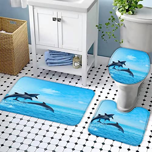 Zifarm Badematte rutschfeste 50x80 cm Delfin Badvorleger-Set 3D Drucken Blau Ozeanlandschaft Mikrofaser Flanell… – Bild 5