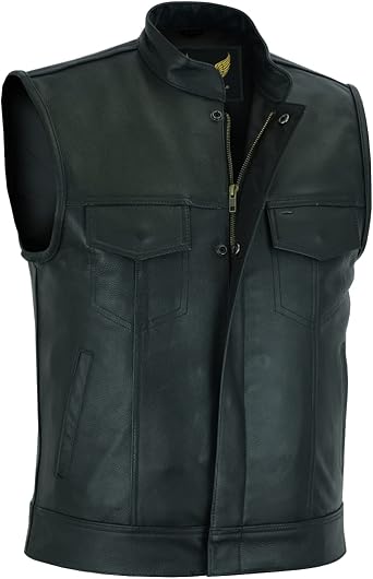 Leatherick Mens SOA Cowhide Milled Leather Motorcycle Vest Black with Gun Pockets