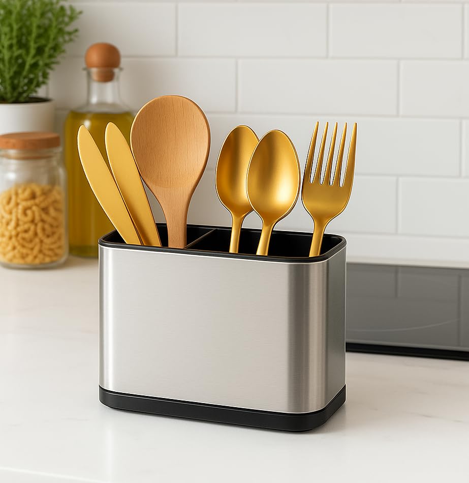 Image of Stainless Steel Spoon Stand for Kitchen| Rustproof Durable Spoon Holder & Cutlery Organizer | Steel Cutlery Stand Kitchen Caddy for Forks, Spatula, Knives (1-pcs)