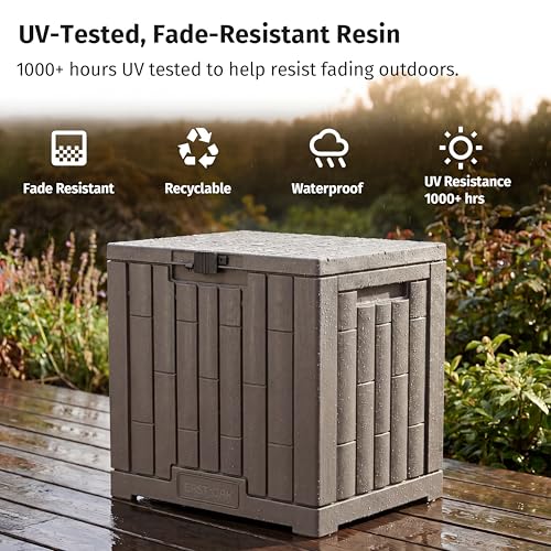 Image of EAST OAK Outdoor Storage Box, 31 Gallon Deck Box, Waterproof Resin Storage Bin for Patio Cushions, Gardening Tools, Accessories, Lockable, UV Resistant, Brown