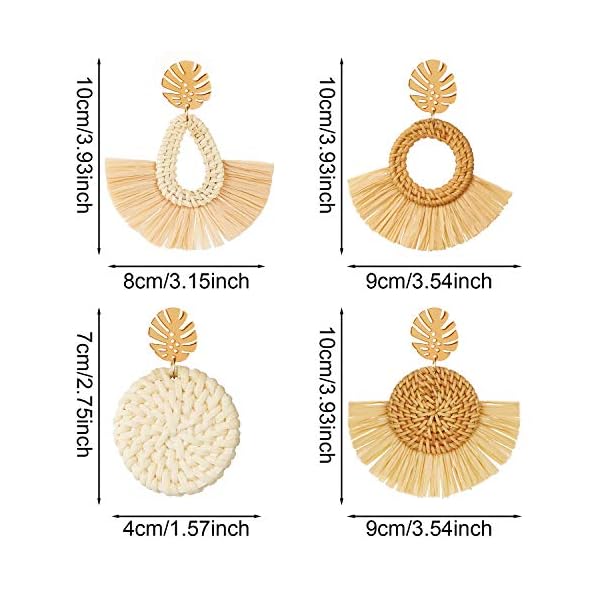 4 Pairs Rattan Earrings Big Lightweight Geometric Statement Tassel Woven Bohemian Earrings Handmade Straw Wicker Braid Hoop Drop Dangle Earrings for Women Girls