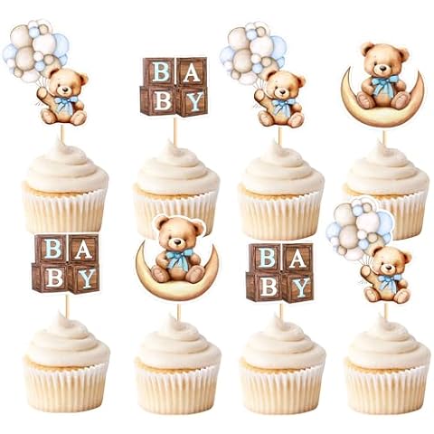 Cyodoos 36 PCS Baby Shower Bear Cupcake Toppers Selection Baby Bear Theme Baby Shower Decorative Supplies Jungle Animal Theme Baby Shower Birthday Party Cake Decorative Supplies blue Cover