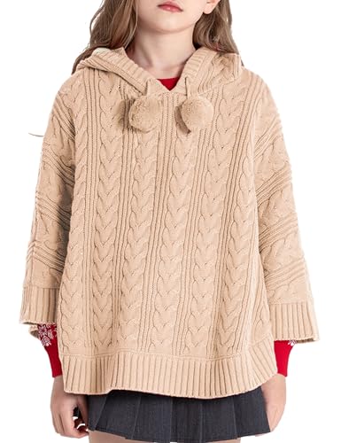 Image of BOBOYOYO Cape for Girls Hooded Cable Knit Poncho Sweaters Kids Shawl