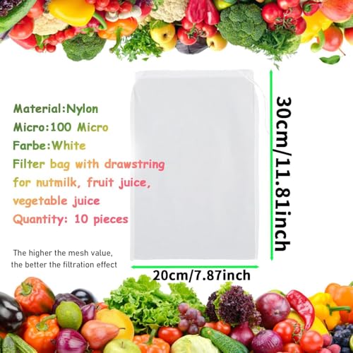 Firavggu 10 STK Nussmilchbeutel 20×30cm Passiertuch 100 Micron Nylon Abseihtuch Wiederverwendbar Cheesecloth Käsetuch Waschbar Filterbeutel für Nussmilch Joghurt Gemüse Kaffee Fruchtsaft Obstsaft