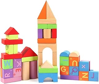 DJ Danjub Wooden Building Blocks Set, 51 PCS Colored Wooden Blocks Set - ABC Wooden Building Stacking Cubes for Toddlers | Classic Wooden Bricks | Wooden Building Blocks Developmental Educational Toys