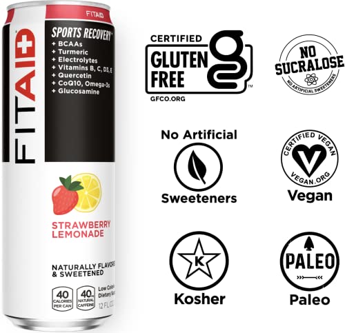 Lifeaid Fitaid Post Workout Recovery Drink, Strawberry Lemonade, Bcaas, Glucosamine, Electrolytes, Omega-3S, Paleo, Vegan & Gluten-Free, No Artificial Sweeteners, 40 Calories, 12 Fl Oz (Pack Of 12) #TOP1