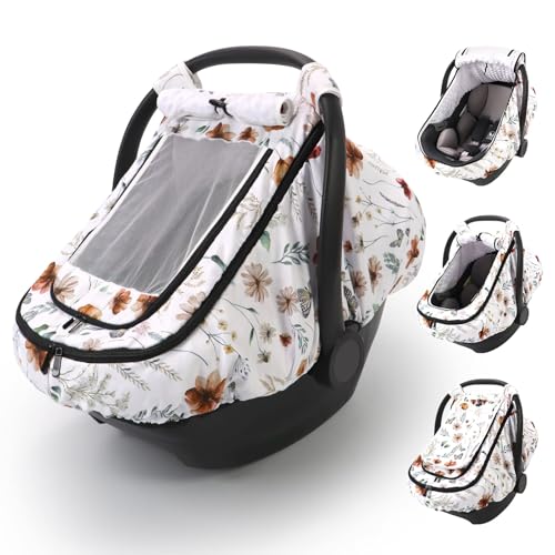 Image of Sweetwavet Car Seat Cover Baby Girls, Infant Car Seat Canopy Outdoor, 2 Layers with Mesh and Sun Shade Window for Summer Winter, Easy Access Carseat Covers Snug Fit Baby Stroller - Brown Wildflower