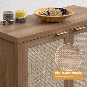 SICOTAS Rattan Sideboard Buffet Credenza Cabinet 2 Pieces Large Farmhouse Kitchen Coffee Bar Cabinet with Rattan Storage Boho Wood Chest Storage Cabinet for Entryway Living Room Oak