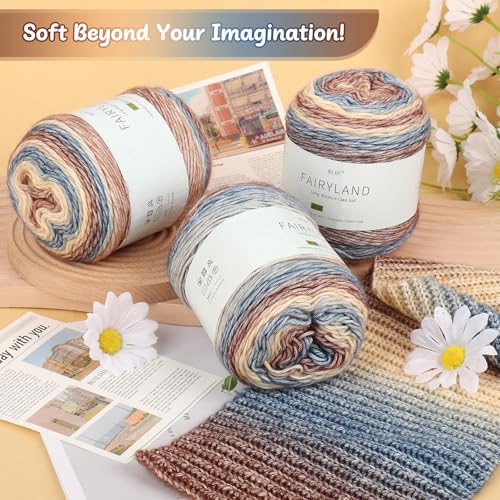 Image of Aeelike Cake Yarn for Crocheting, 3 Skeins Gradient Cake Yarn 100g (3.52 oz) 245m (267 Yards), Super Soft Ombre Yarns Cake Rainbow Cotton Yarn for Making Colorful Crafts, Khaki Gradient