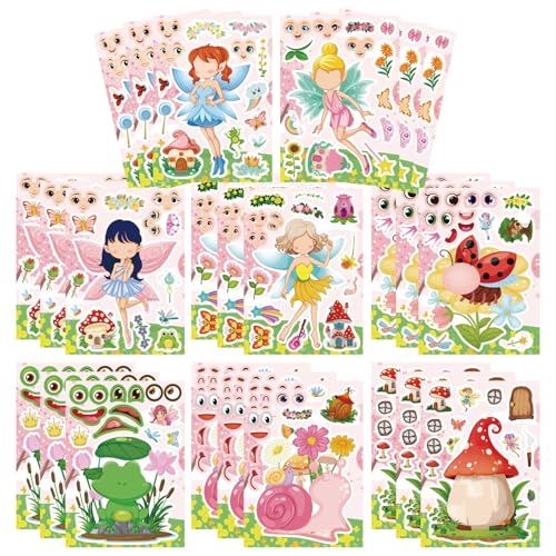 24 PCS Fairy Stickers for Kids, Make a Face Sticker with 8 Unique Designs Fairy, Frog, Mushroom, Make Your Own Stickers for Girls Birthday Party Favors, Goodie Bags, DIY Crafts