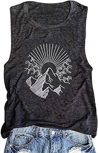 Mountain Sunrise Tank Tops Women Hiking Mountain Sleeveless T Shirt Tees Camping Vest Muscle Shirt Dark Grey #TOP7