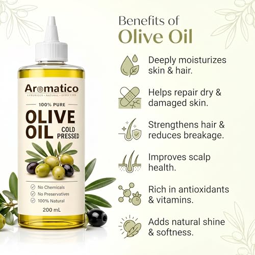 Image of AROMATICO Cold Pressed Olive Oil for Hair Growth & Skin - Olive Hair Oil for Deep Nourishment, Frizz Control & Smooth Shiny Hair | Body Massage Oil | 200ml