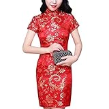 Women's Cheongsam Chinese Traditional Clothing China Qipao Floral Print Dress (Short-Red, M)