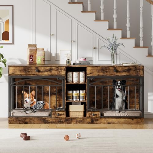 GarveeHome Dog Crate Furniture for 2 Dogs, Dog Kennel Indoor with Storage and Feeding Bowls, Double Dog Crate TV Stand for Small Medium Dogs, Brown, B