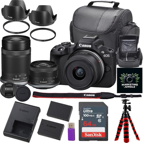 Canon EOS R50 Mirrorless Camera w/Canon RF-S 18-45mm f/4.5-6.3 is STM Lens + Canon RF-S 55-210mm f/5-7.1 is STM Lens + Camera Case + Extra Battery + 64GB Memory + More (21pc Bundle) (Renewed)