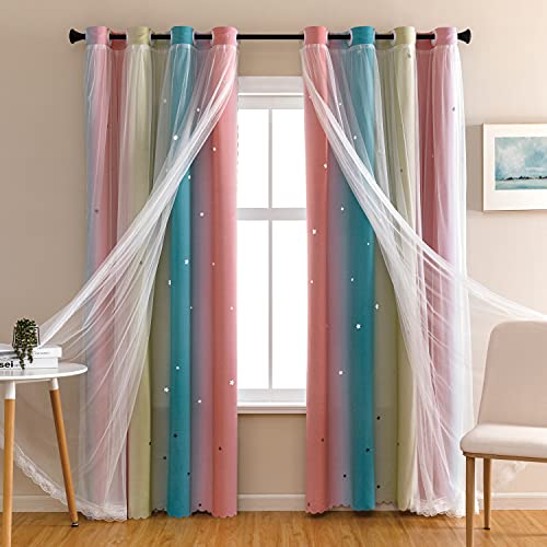 XiDi Dream Star Rideaux occultants avec étoiles pour Chambre d'enfant, Rideau de Princesse pour Chambre de Fille, 86,4 x 160 cm (l x L), Rose et Bleu