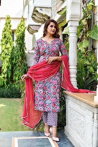 Image of Leriya Fashion Cotton Printed Kurta Sets for Woman | V Neck Festive Anarkali Suit for Women | Ethnic Kurta Set with Dupatta for Women | Wedding Kurti Set for Woman