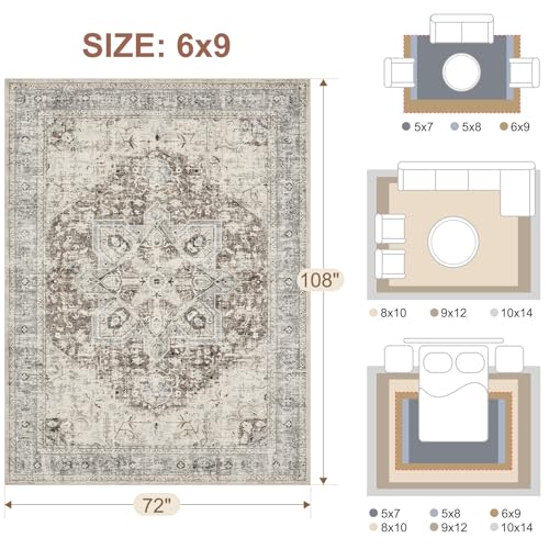 Tortania Area Rug Living Room Rugs - 6x9 Washable Boho Rug Vintage Oriental Distressed Farmhouse Large Thin Indoor Carpet for Living Room Bedroom Under Dining Table Home Office - Brown Blue