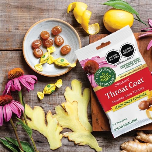 Image of Traditional Medicinals Organic, Throat Coat Lozenges, Lemon Ginger Echinacea - Herbal Cough Drops, Helps Soothe Sore Throat - Non-GMO, Stimulant-Free - 16 Count (Pack of 12)