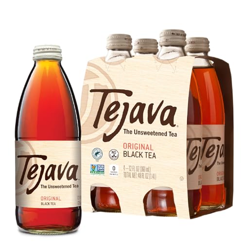 Tejava Original Unsweetened Black Iced Tea, 4 Pack, 12oz Glass Bottles, Non-GMO, Kosher, No Sugar or Sweeteners, No calories, No Preservatives, Brewed in Small Batches