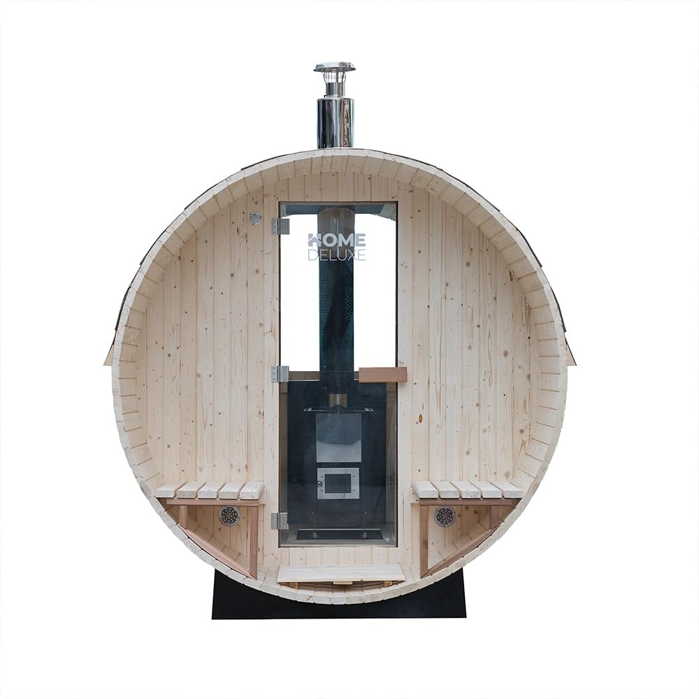 Home Deluxe Fasssauna mit Holzofen LAGOM DELUXE - Maße: ca. 210 cm x 240 cm I Fasssauna Holzofen, Fasssauna kaufen, Garten Sauna, Außensauna Holzofen, Outdoor Sauna, traditionelle Fasssauna, finnische