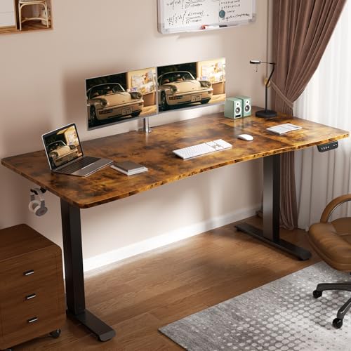 Image of Veken 63 x 28 Inch Electric Standing Desk with Adjustable Height, Sit to Stand Computer Table for Study, Work or Gaming, Home Office Desk Brown