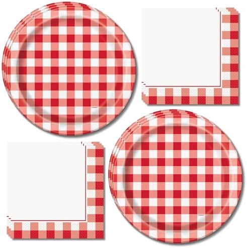 Red Gingham Picnic Plates and Napkins Set, Checkered Party, Serve...