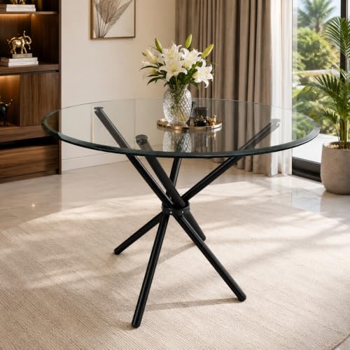 Image of Folding Dining Table for Office, Home, Cafe - 36-inch Round 12 MM Thick Toughened Glass Top with Stainless Steel Frame (Black Powder Coated)
