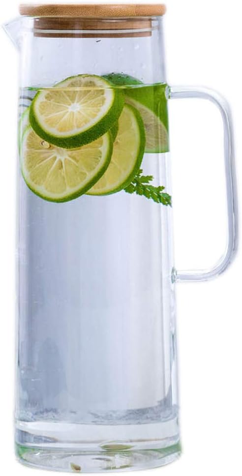 hjn Glass Water Pitcher with Wood Lid Water Carafe with Handle - Fridge Glass Jug for Hot/Cold Water & Iced Tea Beverage, juice,Milk-1500ml /1.5liters