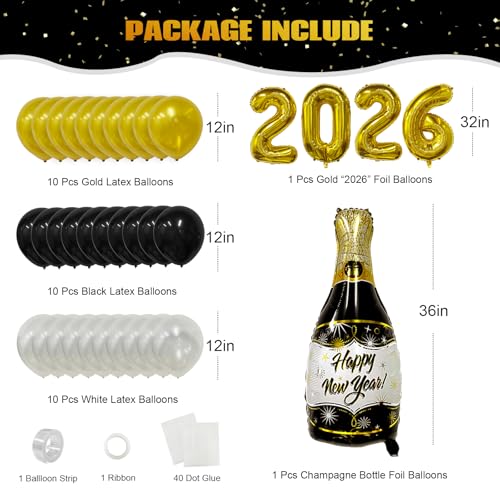 2026 New Year Eve's Party Supplies Balloons Include Golden Larger 32 inch 2026 Balloons, Black Gold and White Balloons, Champagne Bottle for 2026 Happy New Year Eve Party Celebration Decoration - Image 4
