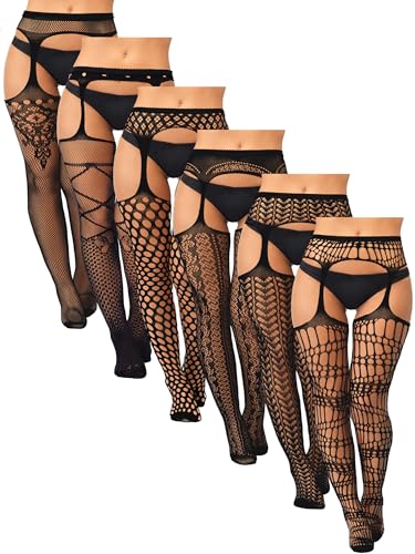 Skylety 6 Pairs Fishnet Stockings for Women Plus Size Thigh-high Tights Stockings Suspender Pantyhose Garter Belts