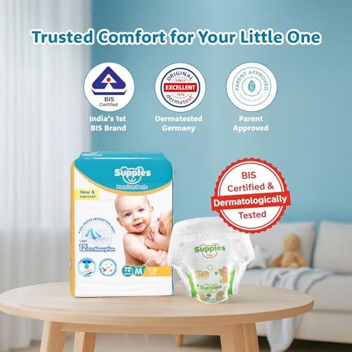 Image of Amazon Brand - Supples Premium Baby Diaper Pants | 72 Baby Diapers | Medium | 7-12 Kg | 12 Hrs Absorption | Cushiony Cotton Soft Fabric | Phthalates-Free | Triple Leak Guard